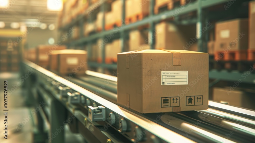 cardboard box on the conveyor belt in a warehouse cardboard box on the conveyor belt in a warehouse