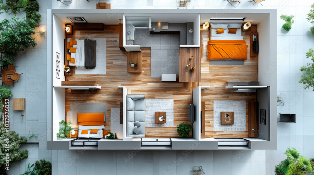 Top view of a stylishly furnished apartment floor plan, showcasing a modern design with vibrant accents. Perfect for real estate marketing, architectural visualization, and interior design presentatio Top view of a stylishly furnished apartment floor plan, showcasing a modern design with vibrant accents. Perfect for real estate marketing, architectural visualization, and interior design presentatio