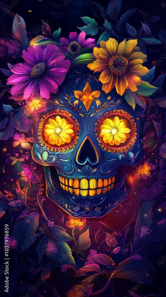 Vibrant Sugar Skull with Neon Colors Vibrant Sugar Skull with Neon Colors