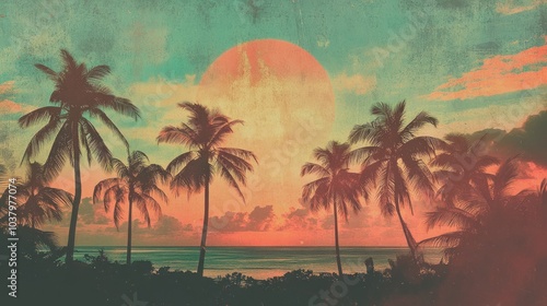 A vibrant sunset over the ocean, framed by palm trees, creating a tropical atmosphere.