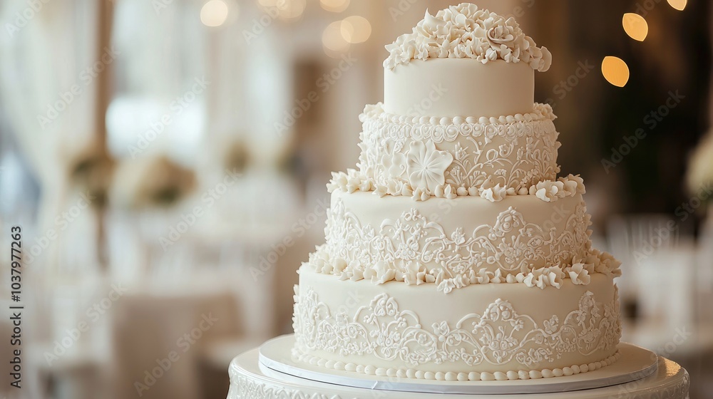 Elegant wedding cake with multiple tiers and intricate decorations displayed on a white cake stand. Elegant wedding cake with multiple tiers and intricate decorations displayed on a white cake stand.