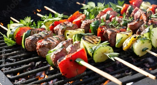 Shashlyk, grilled meat and vegetables