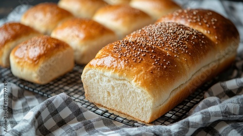 Artisan bread loaf and rolls placed on a cooling rack with a checkered cloth underneath