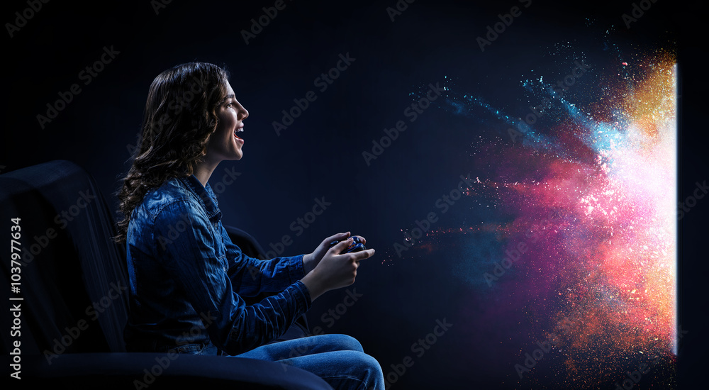 A woman in headphones with a controller set aside in her hands. Mixed media A woman in headphones with a controller set aside in her hands. Mixed media