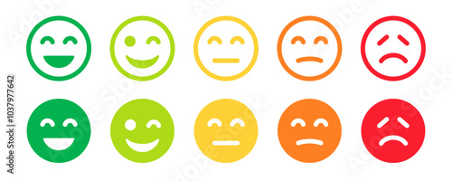Feedback Emoticons face icon set. Feedback rating emoji. Bad and Good Review. Happy and Sad reaction. Mood faces for survey, rating icons. Vector illustration