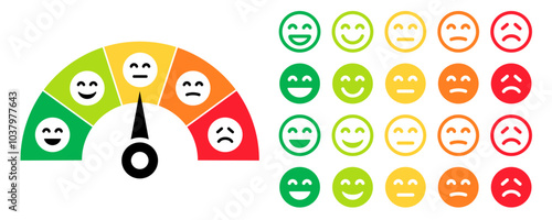 Feedback Emoticons face icon set. Feedback rating emoji. Bad and Good Review. Happy and Sad reaction. Mood faces for survey, rating icons. Vector illustration