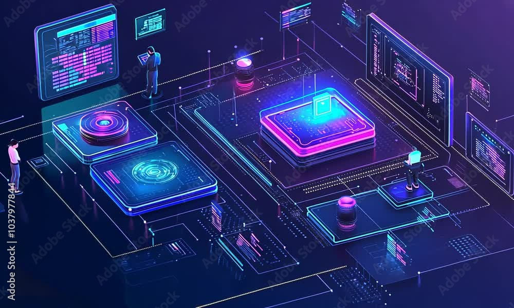 Isometric view of a futuristic technology scene with colorful neon glowing screens and figures standing on platforms. Isometric view of a futuristic technology scene with colorful neon glowing screens and figures standing on platforms.