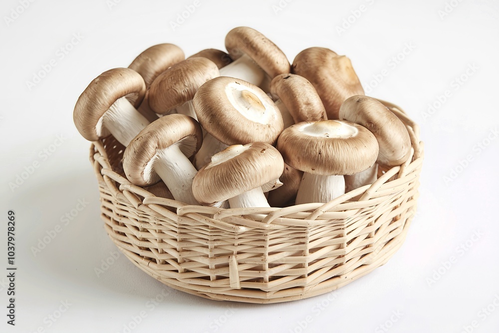 Champignon mushrooms in a wicker basket on a white background Champignon mushrooms in a wicker basket on a white background