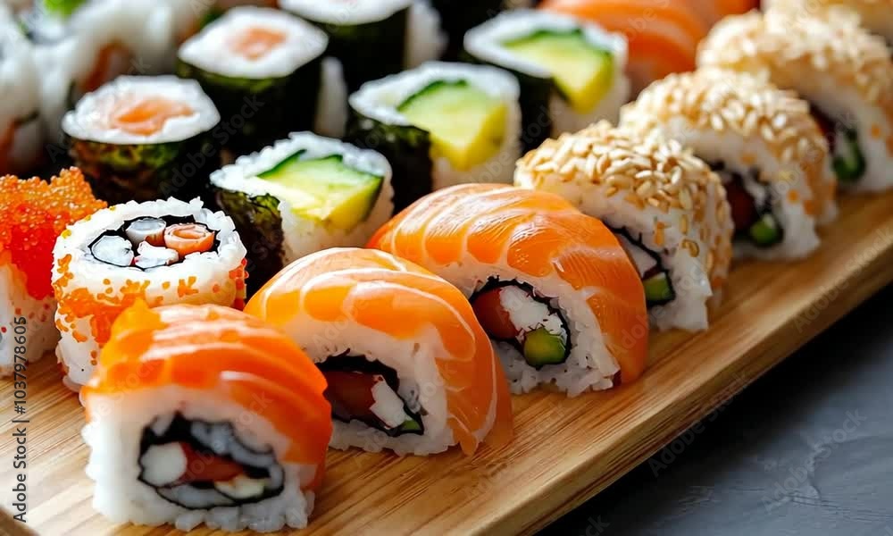 Close-up of a variety of sushi rolls on a wooden plate. Close-up of a variety of sushi rolls on a wooden plate.