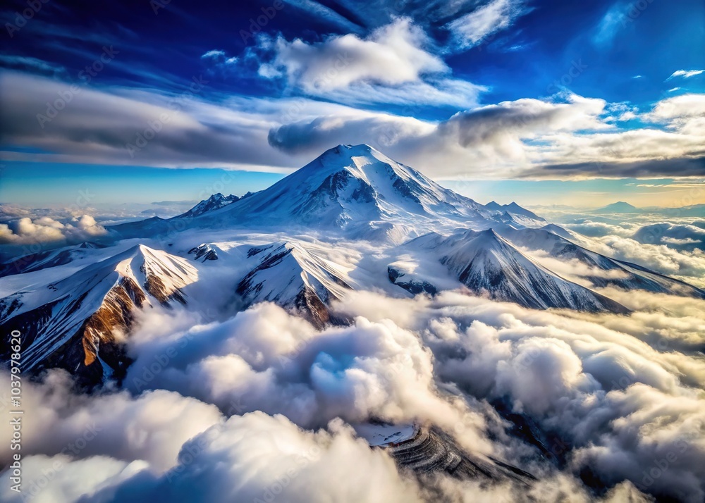 Drone captures Elbrus's snow-capped peak, piercing through the clouds. Drone captures Elbrus's snow-capped peak, piercing through the clouds.
