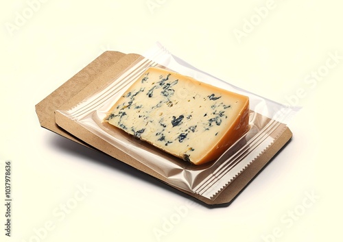 Piece of blue cheese in a package isolated on white background
