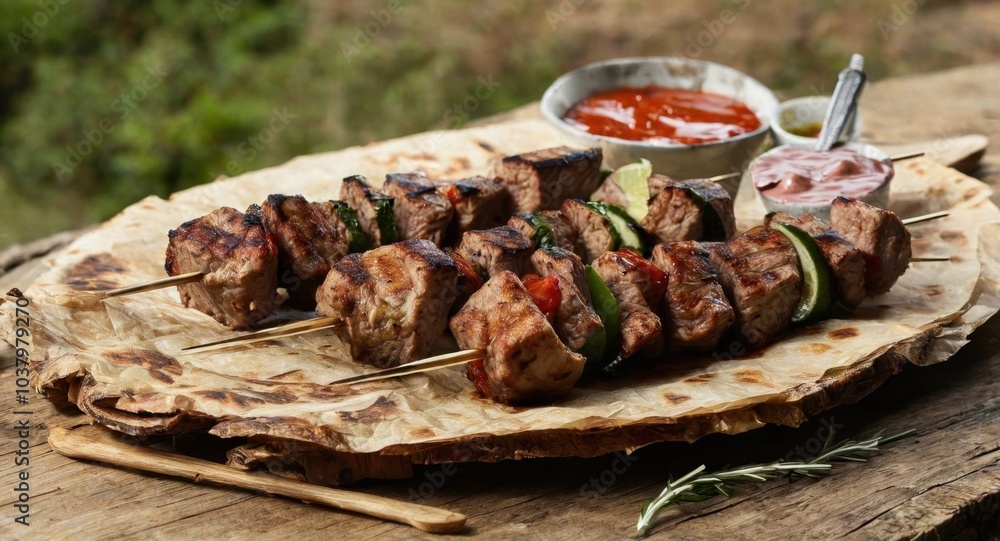 Shashlyk, grilled meat and vegetables Shashlyk, grilled meat and vegetables