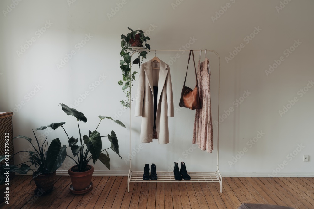 A clothing rack showcasing a fur coat and dress, surrounded by various plants, on a wooden floor A clothing rack showcasing a fur coat and dress, surrounded by various plants, on a wooden floor