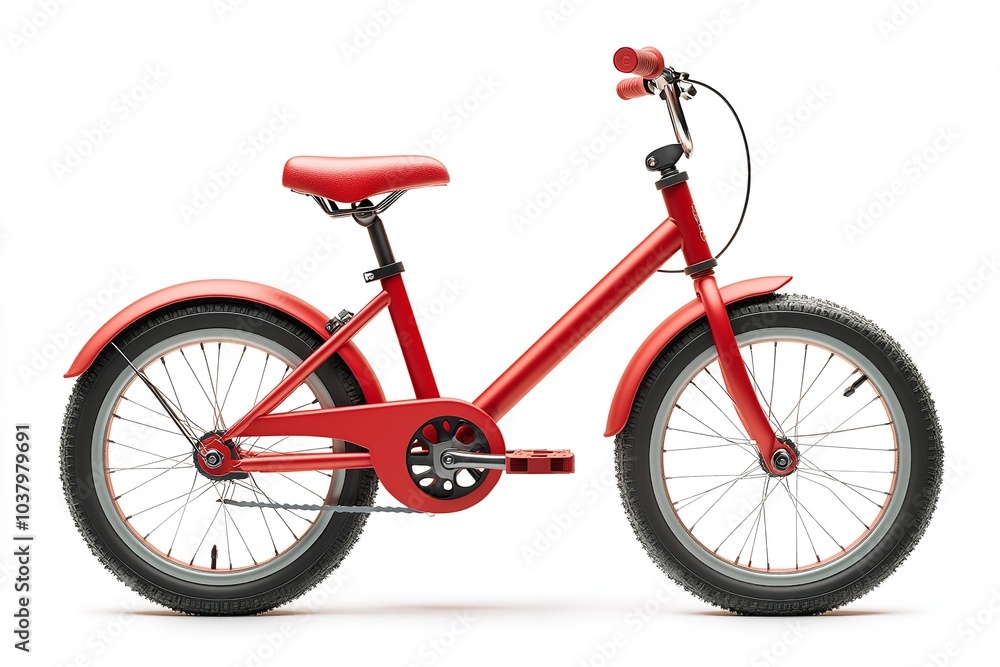 A child riding a red bicycle on a white background. Generative Ai