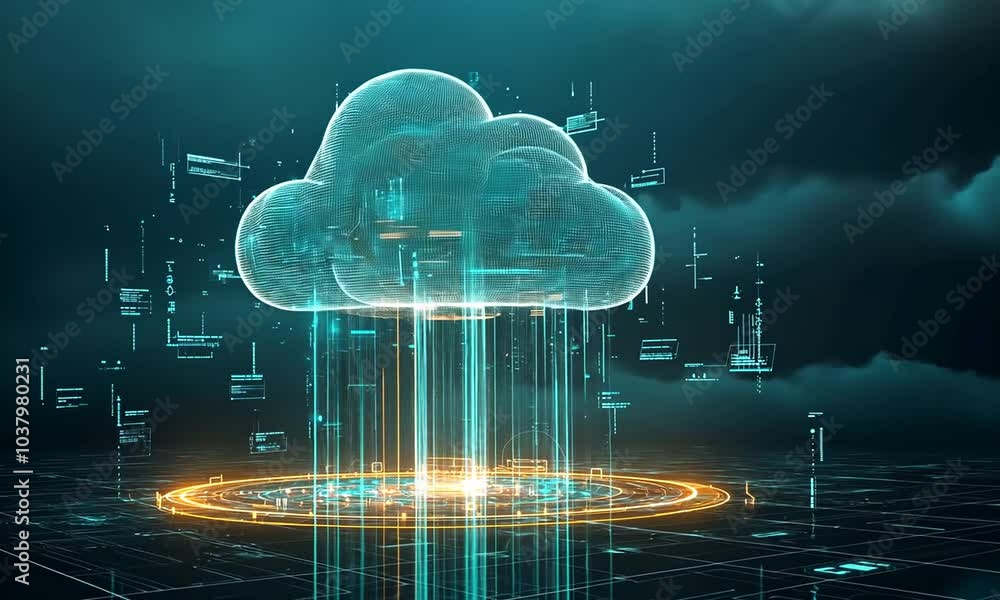 A 3D rendering of a glowing blue cloud with digital data lines and a glowing orange circle. A 3D rendering of a glowing blue cloud with digital data lines and a glowing orange circle.