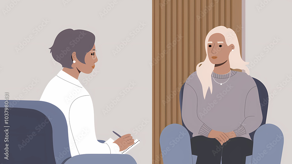 Therapy Session: Therapist and Client in Room with Beige Wall and Wooden Panel Therapy Session: Therapist and Client in Room with Beige Wall and Wooden Panel