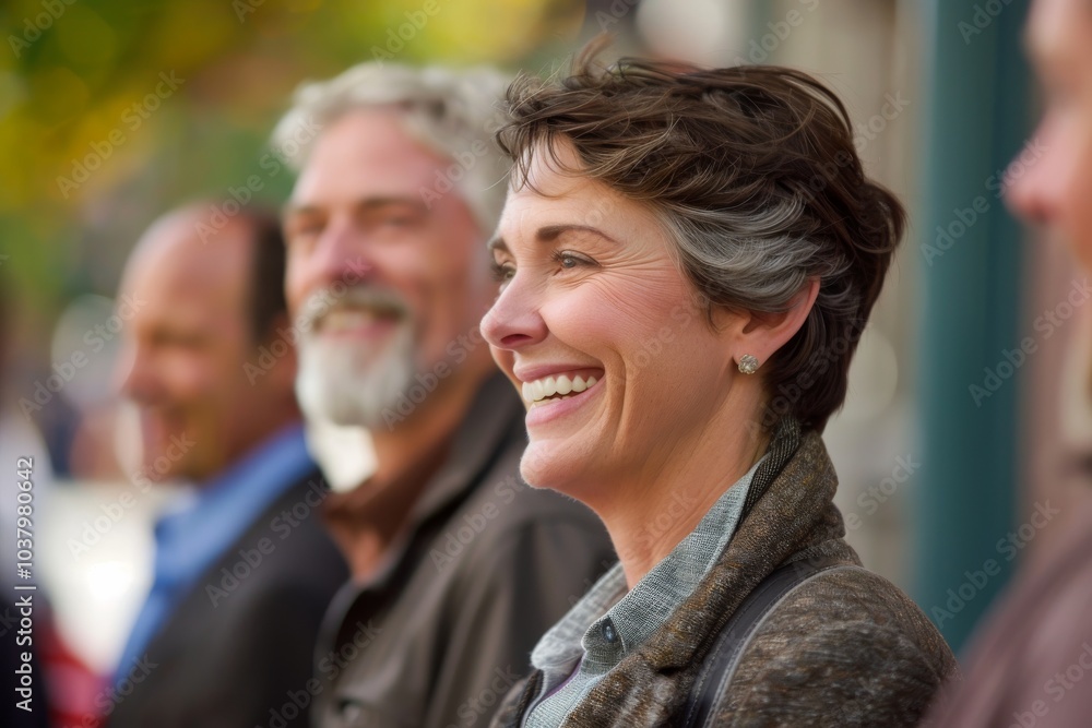 Mature woman smiling and looking at the camera with her friends in the background Mature woman smiling and looking at the camera with her friends in the background