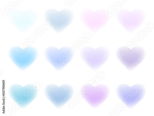 Y2k blurred hearts big set. Blur hearts aura aesthetic element for Valentines Day. Aesthetic aura design covers, romantic elements. Palette of blue tones. Romantic stickers, Glow icons