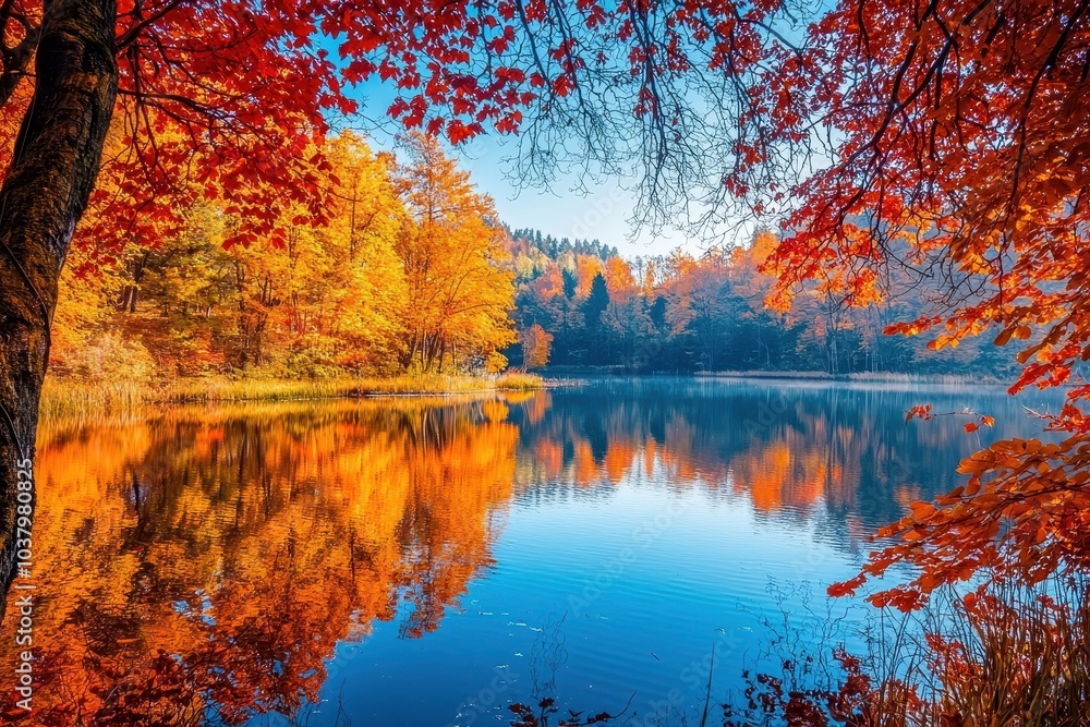 Obraz premium Serene Lake Surrounded by Autumn Trees