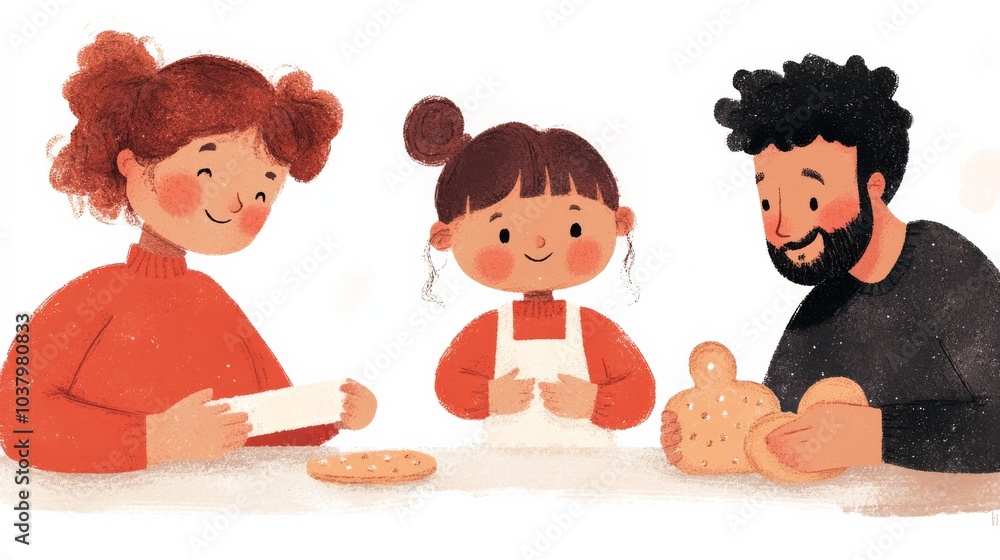 A family baking together in the kitchen. The daughter is standing on a stool to reach the counter. The parents are helping her roll out cookie dough with flour scattered on the counter. A family baking together in the kitchen. The daughter is standing on a stool to reach the counter. The parents are helping her roll out cookie dough with flour scattered on the counter.