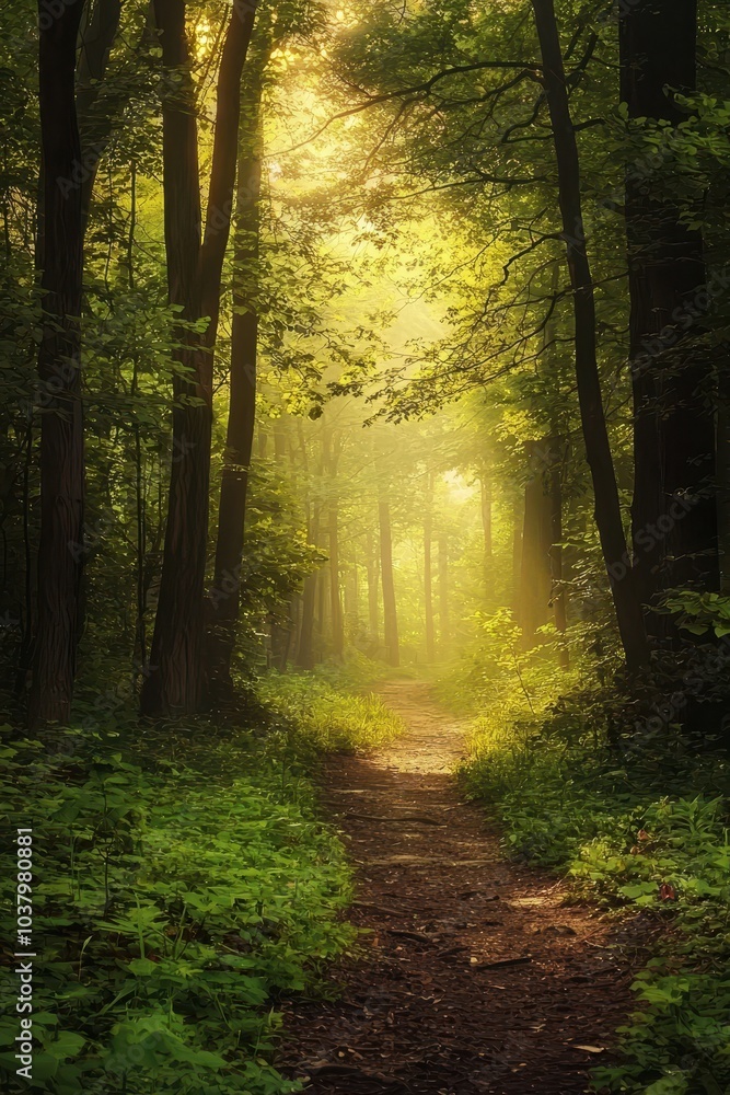 Tranquil Forest Path with Sunlight Streaming Through Trees
