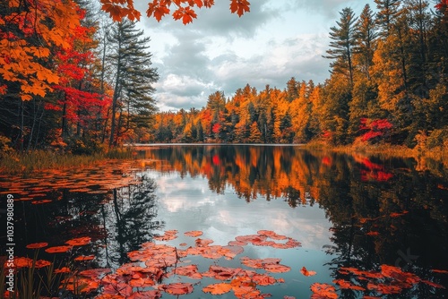 Serene Autumn Lake Surrounded by Colorful Trees