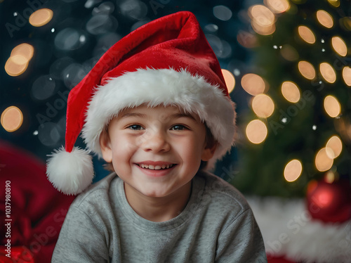 A joyful kid in a bright red Santa hat smiling with sparkling New Year decorations softly blurred in the background.