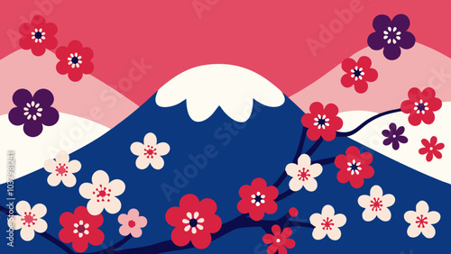 Stylized depiction depicts a white-topped mountain with red,pink and white cherry blossoms.In the background are soft pink mountains against a rose-colored sky.Asian New Year greeting card.AI generate