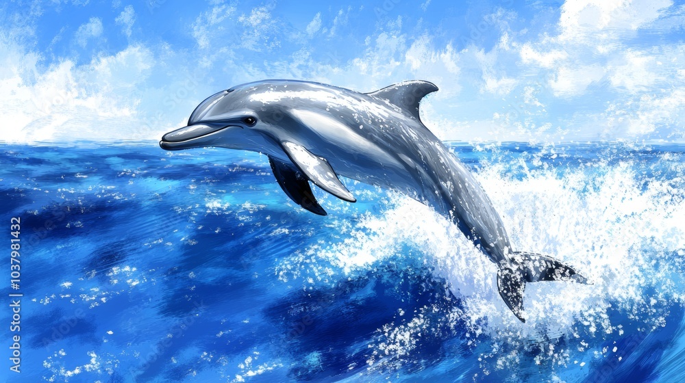 Obraz premium Dolphin Jumping Out of the Water with Splash and Blue Sky