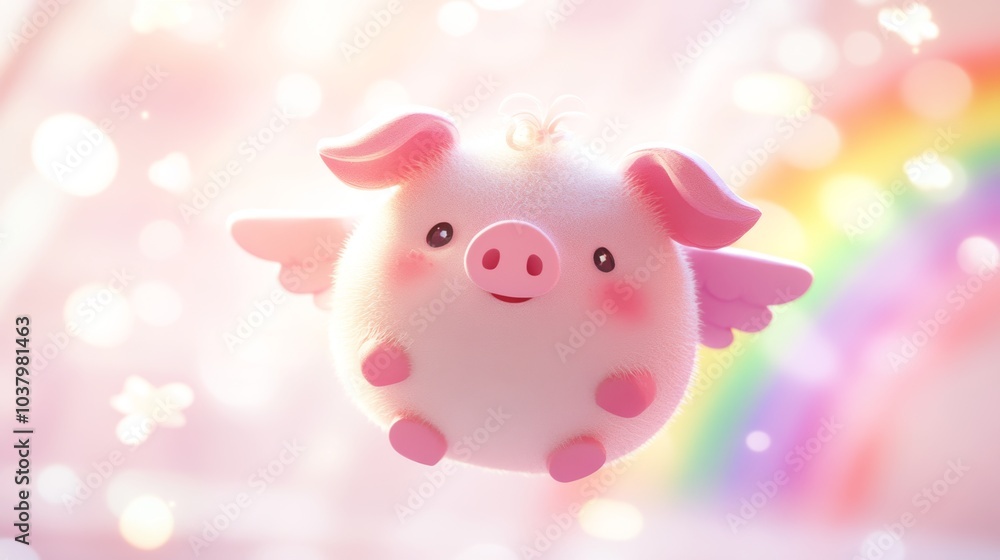 Cute Pink Pig With Wings Flying In A Magical Setting Cute Pink Pig With Wings Flying In A Magical Setting
