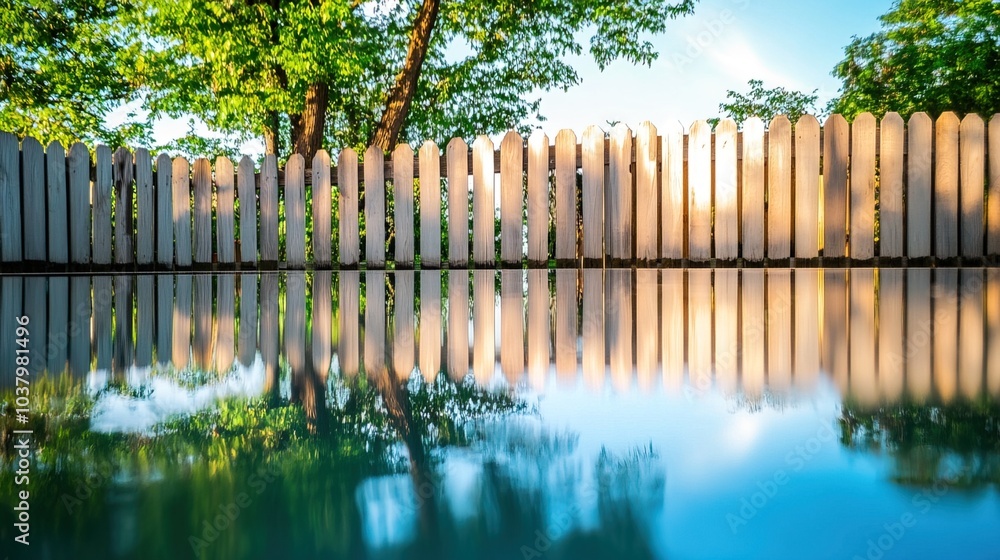 Fototapeta premium Backyard with standing water reflecting the surrounding trees and sky, capturing the serene beauty of nature's reflection and the tranquility of a still moment.