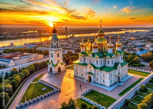 Golden rays paint the Astrakhan Kremlin, Assumption Cathedral a beacon of faith.