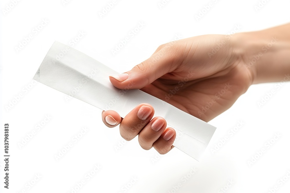 An lone hand with a shopping receipt on a white backdrop. Generative Ai An lone hand with a shopping receipt on a white backdrop. Generative Ai