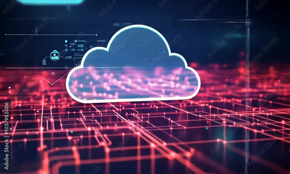 A futuristic digital cloud computing concept with a glowing cloud icon over an abstract network of red lines and connections. A futuristic digital cloud computing concept with a glowing cloud icon over an abstract network of red lines and connections.