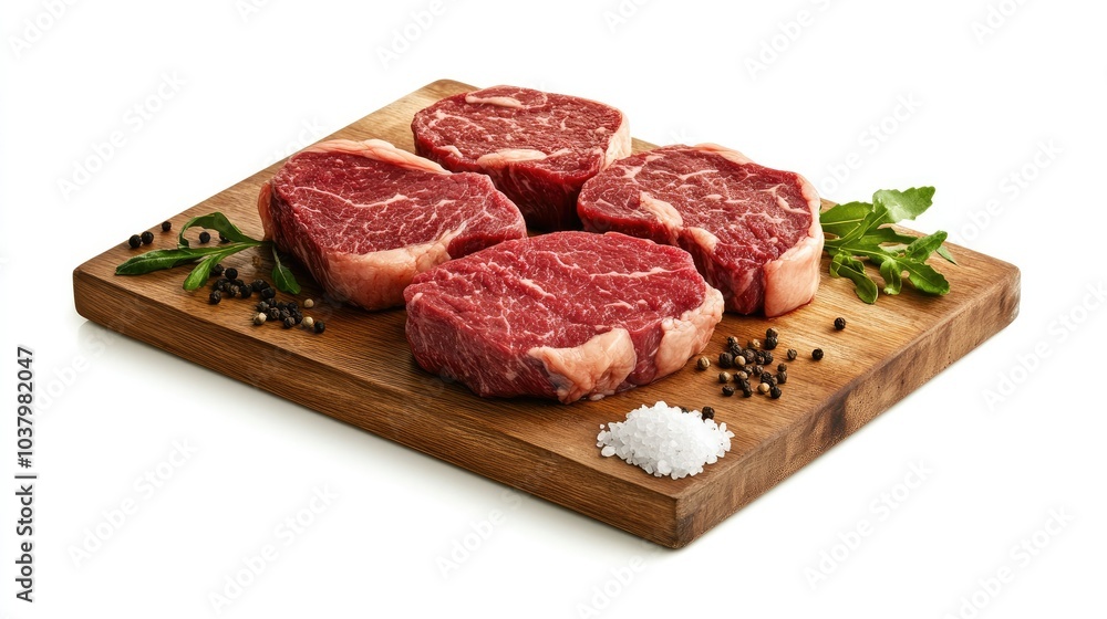 Raw marbled beef steaks on a wooden cutting board, ready for preparation, with salt and pepper beside it, set on a white background. Rich and fresh. Raw marbled beef steaks on a wooden cutting board, ready for preparation, with salt and pepper beside it, set on a white background. Rich and fresh.