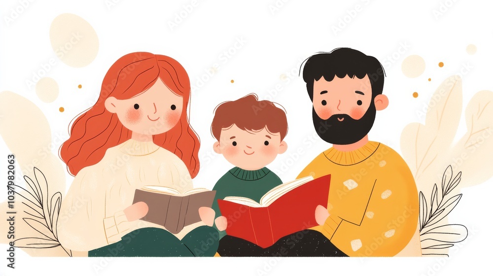 A peaceful scene of a family reading together on a cozy couch. The parents are seated on either side of the children, each holding a book, creating a moment of quiet bonding. A peaceful scene of a family reading together on a cozy couch. The parents are seated on either side of the children, each holding a book, creating a moment of quiet bonding.
