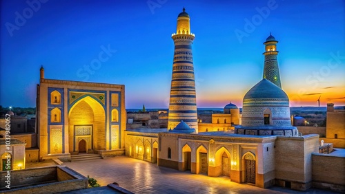 In the ancient city of Khiva, Uzbekistan, the Islam Khoja Minaret's majestic height dominates the skyline. photo