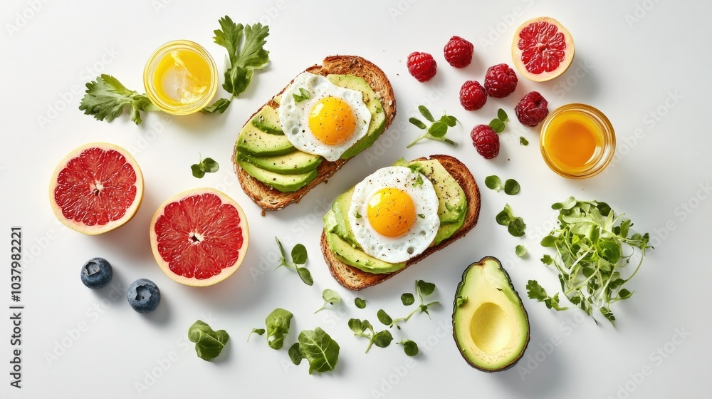 A beautifully arranged brunch spread with avocado toast, eggs, and fruit, placed on a clean white background. Fresh and vibrant. A beautifully arranged brunch spread with avocado toast, eggs, and fruit, placed on a clean white background. Fresh and vibrant.