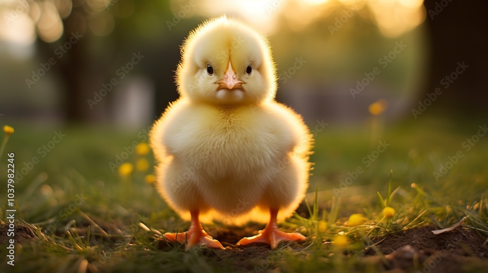 Adorable baby peachick with soft yellow down and tiny beak stands on grass, looking curiously at the camera Adorable baby peachick with soft yellow down and tiny beak stands on grass, looking curiously at the camera