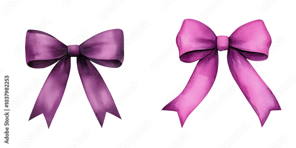 Two decorative bows in purple and pink, set against a transparent background, showcasing their vibrant colors and elegant design. Two decorative bows in purple and pink, set against a transparent background, showcasing their vibrant colors and elegant design.