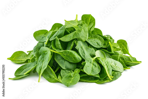 Pile of fresh green baby spinach leaves isolated on white background