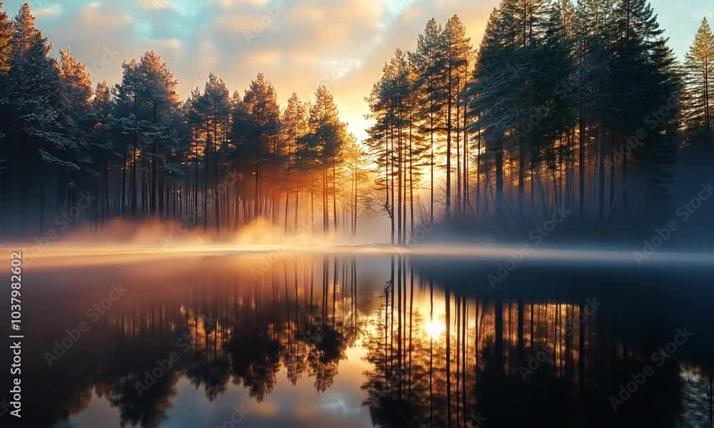 A misty sunrise over a lake with a reflection of the sun in the water, surrounded by trees in a forest. A misty sunrise over a lake with a reflection of the sun in the water, surrounded by trees in a forest.