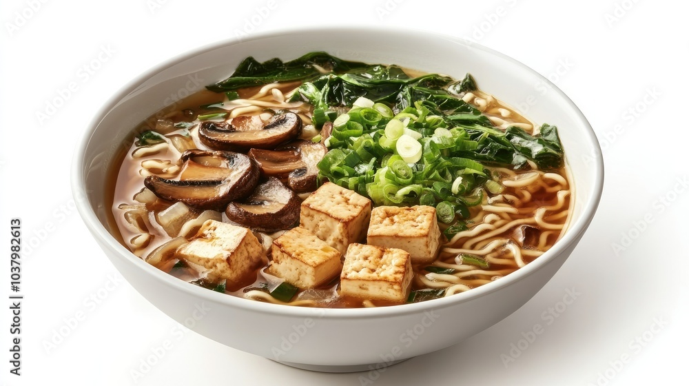 A bowl of vegetarian ramen with mushrooms, greens, and tofu, placed on a white background, offering a clean and healthy presentation. A bowl of vegetarian ramen with mushrooms, greens, and tofu, placed on a white background, offering a clean and healthy presentation.