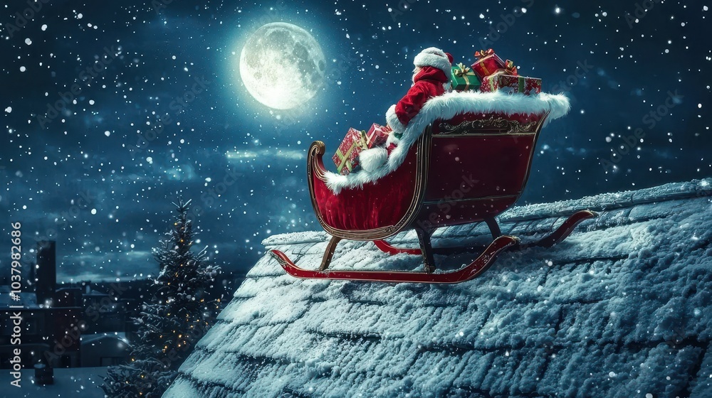 Fototapeta premium Santa's Sleigh on a Snowy Rooftop Ready for Delivery
