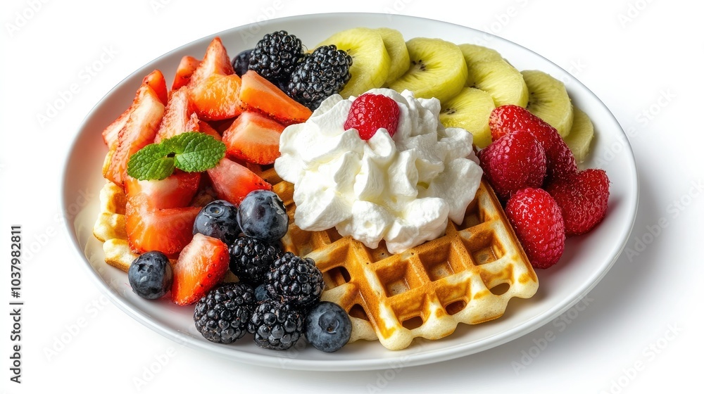 A brunch platter with waffles, fresh fruit, and whipped cream, presented on a clean white background. Bright and indulgent. A brunch platter with waffles, fresh fruit, and whipped cream, presented on a clean white background. Bright and indulgent.