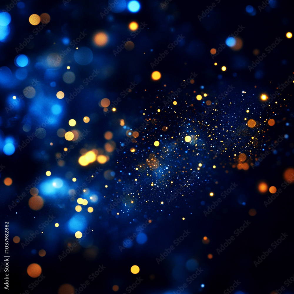 Abstract dark blue background with golden bokeh lights and stars Abstract dark blue background with golden bokeh lights and stars
