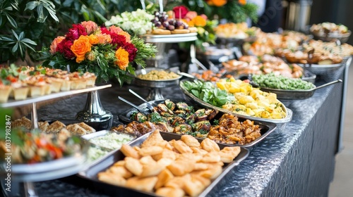 A buffet-style table filled with appetizers, main courses, and desserts, showing a variety of textures and colors in an elegant spread.