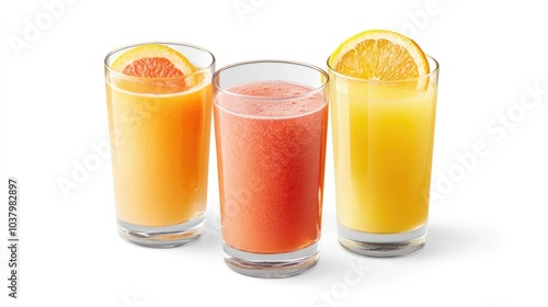 A citrus juice trio orange, grapefruit, and lemon juices in clear glasses, arranged on a white background. Zesty and refreshing.