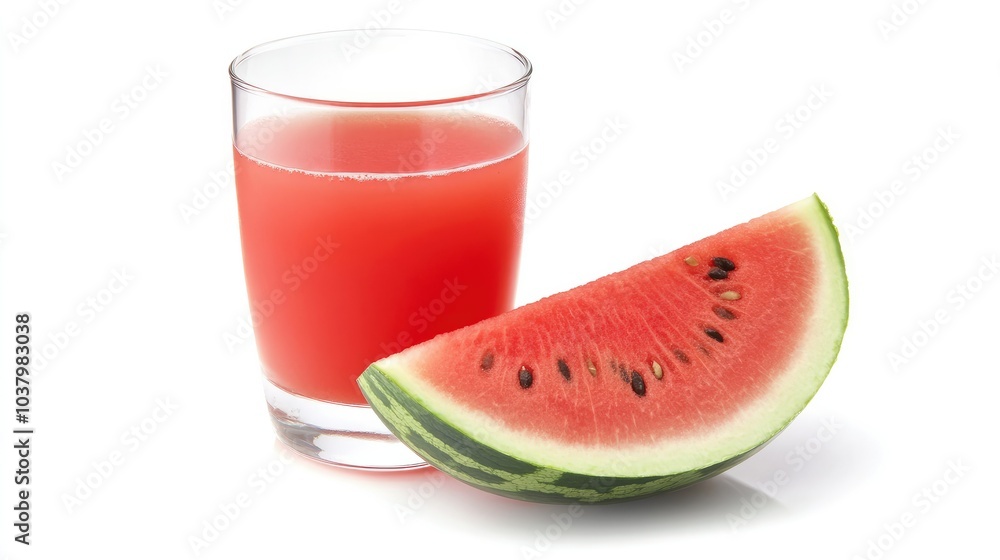 A clear glass of watermelon juice with a slice of watermelon beside it, set on a white background. Cool and hydrating. A clear glass of watermelon juice with a slice of watermelon beside it, set on a white background. Cool and hydrating.