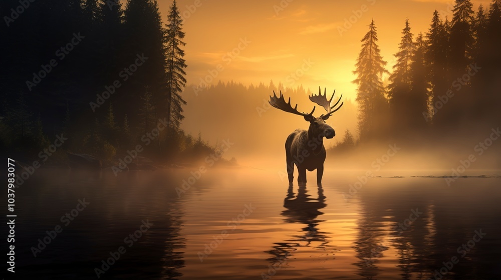 A majestic moose standing in a misty lake at sunrise, surrounded by enchanting forest silhouettes and golden hues. A majestic moose standing in a misty lake at sunrise, surrounded by enchanting forest silhouettes and golden hues.